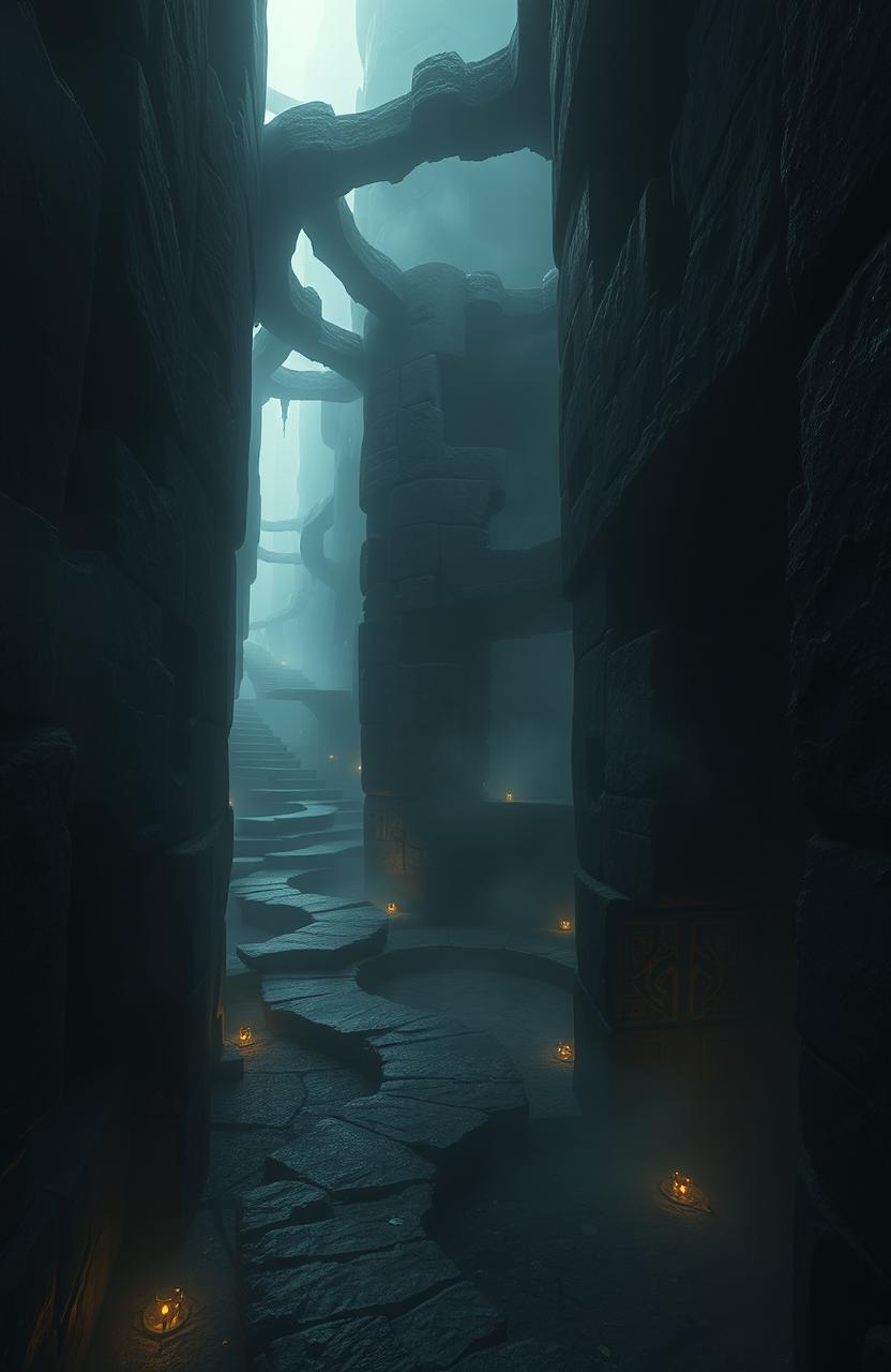 A mystical shadow labyrinth with intricate, winding paths