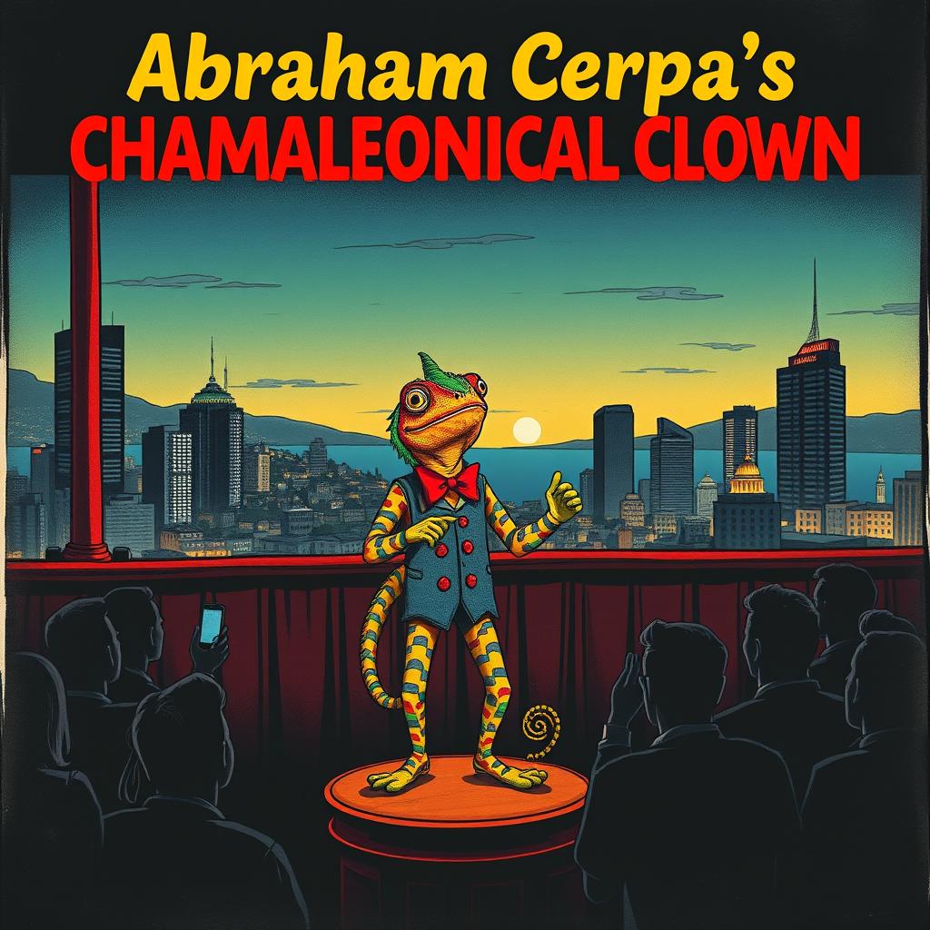 A movie poster titled "Abraham Cerpa's: CHAMALEONICAL CLOWN", featuring a humanoid chameleon dressed as a comedian, performing on a small bar stage