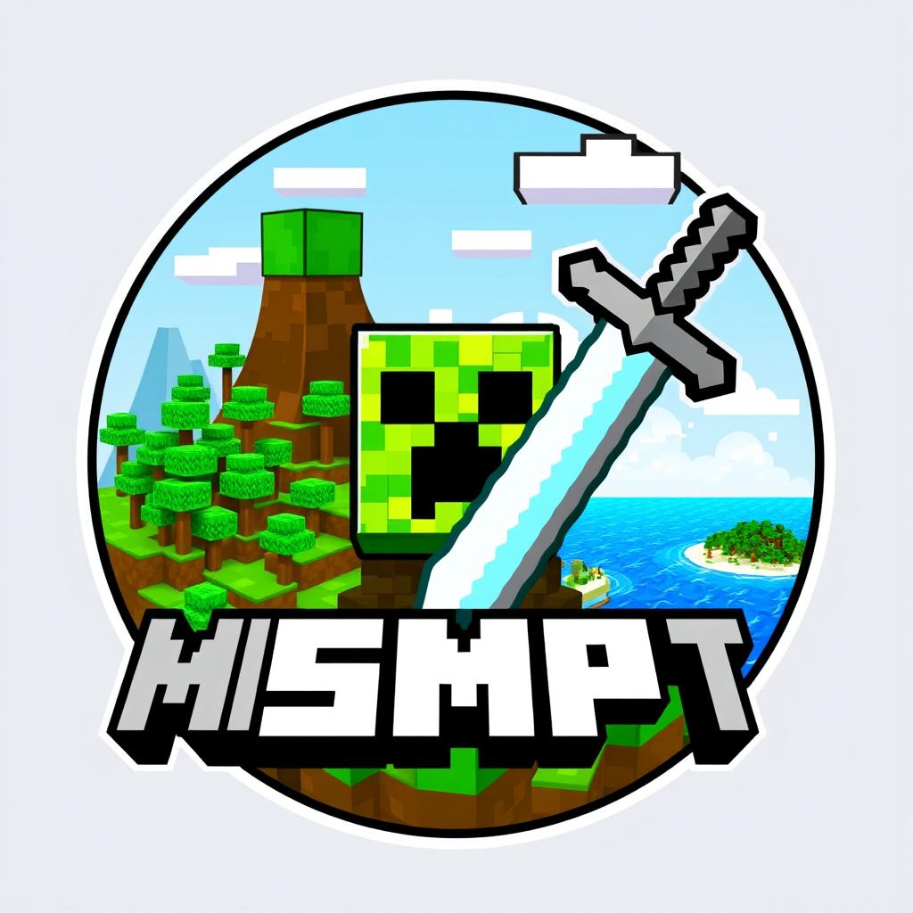 A unique Minecraft SMP logo featuring iconic Minecraft elements like a blocky landscape, a stylized 3D creeper face, and a diamond sword prominently displayed