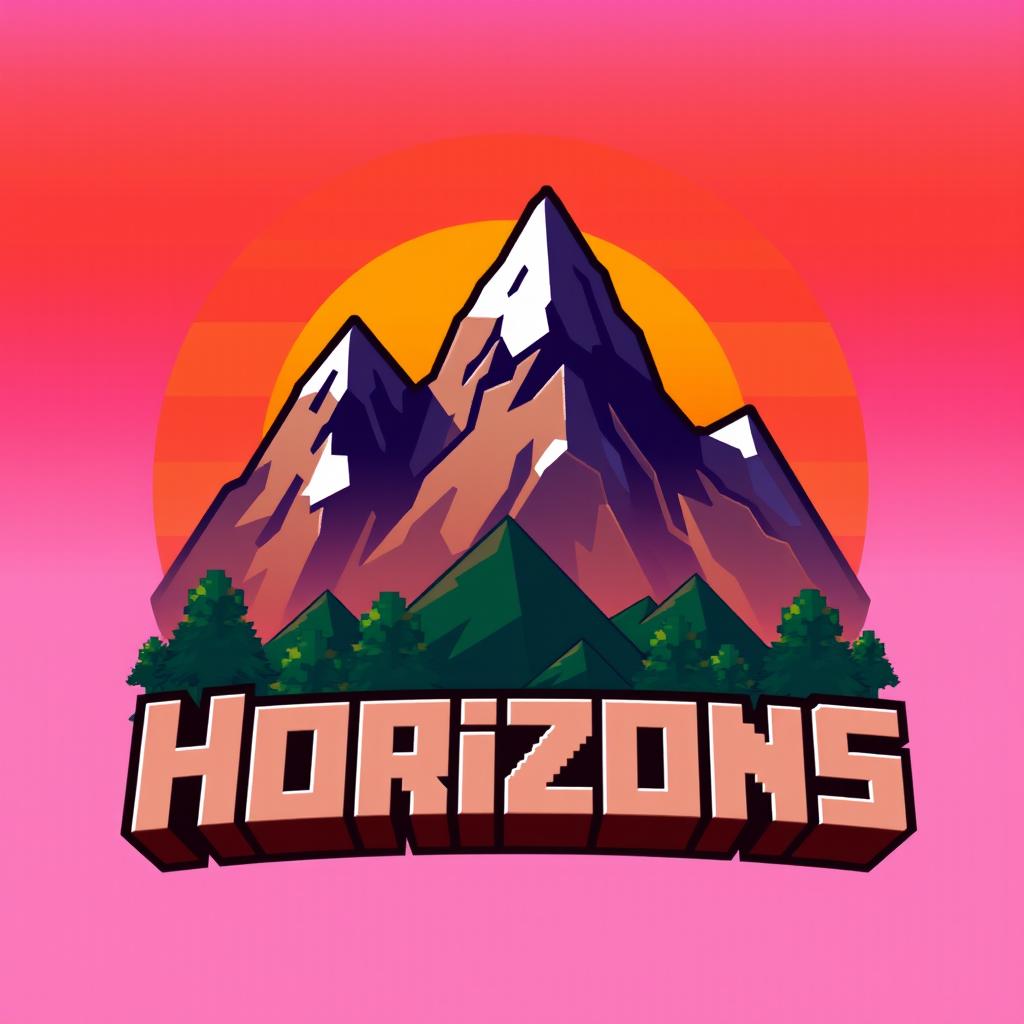 A vibrant Minecraft SMP logo for 'Horizons', featuring a majestic mountain range at sunset