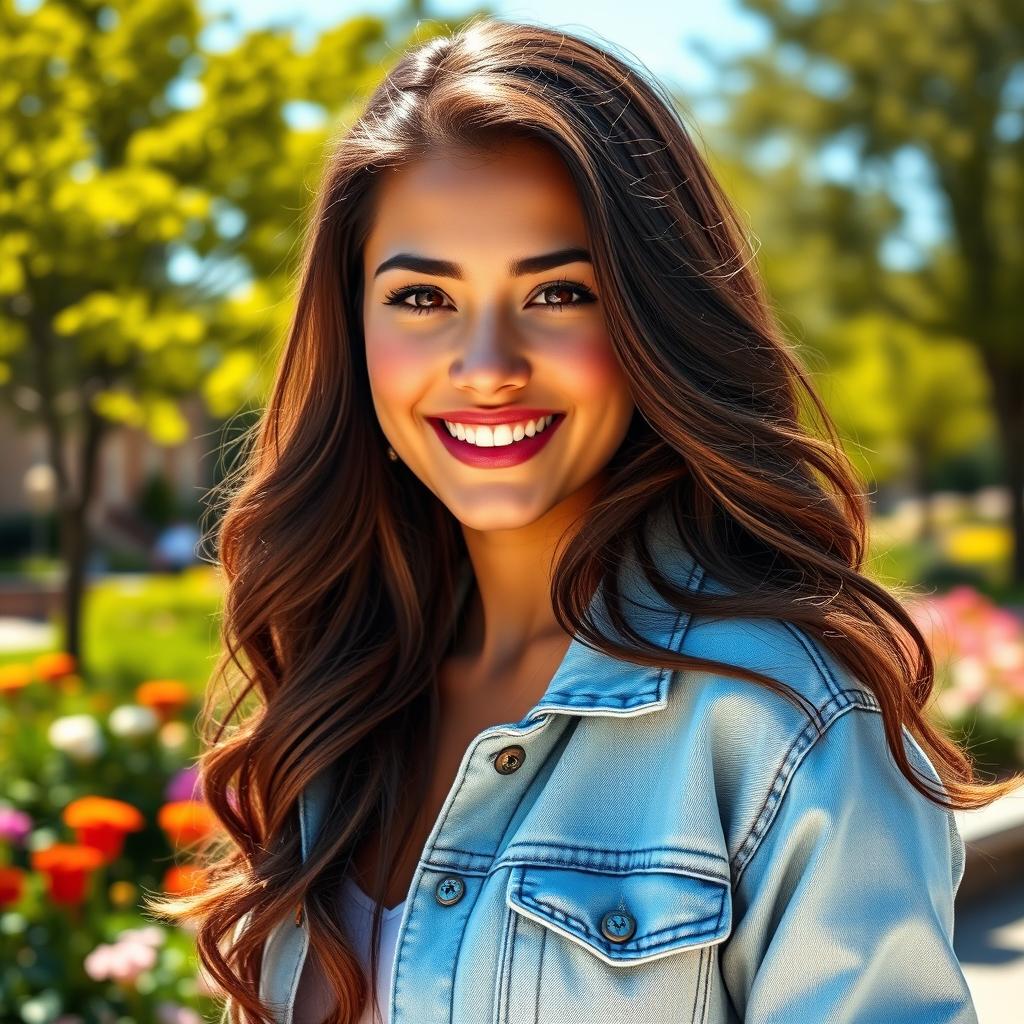 A highly realistic portrait of a confident young woman with a warm smile, standing outdoors in a sunlit park