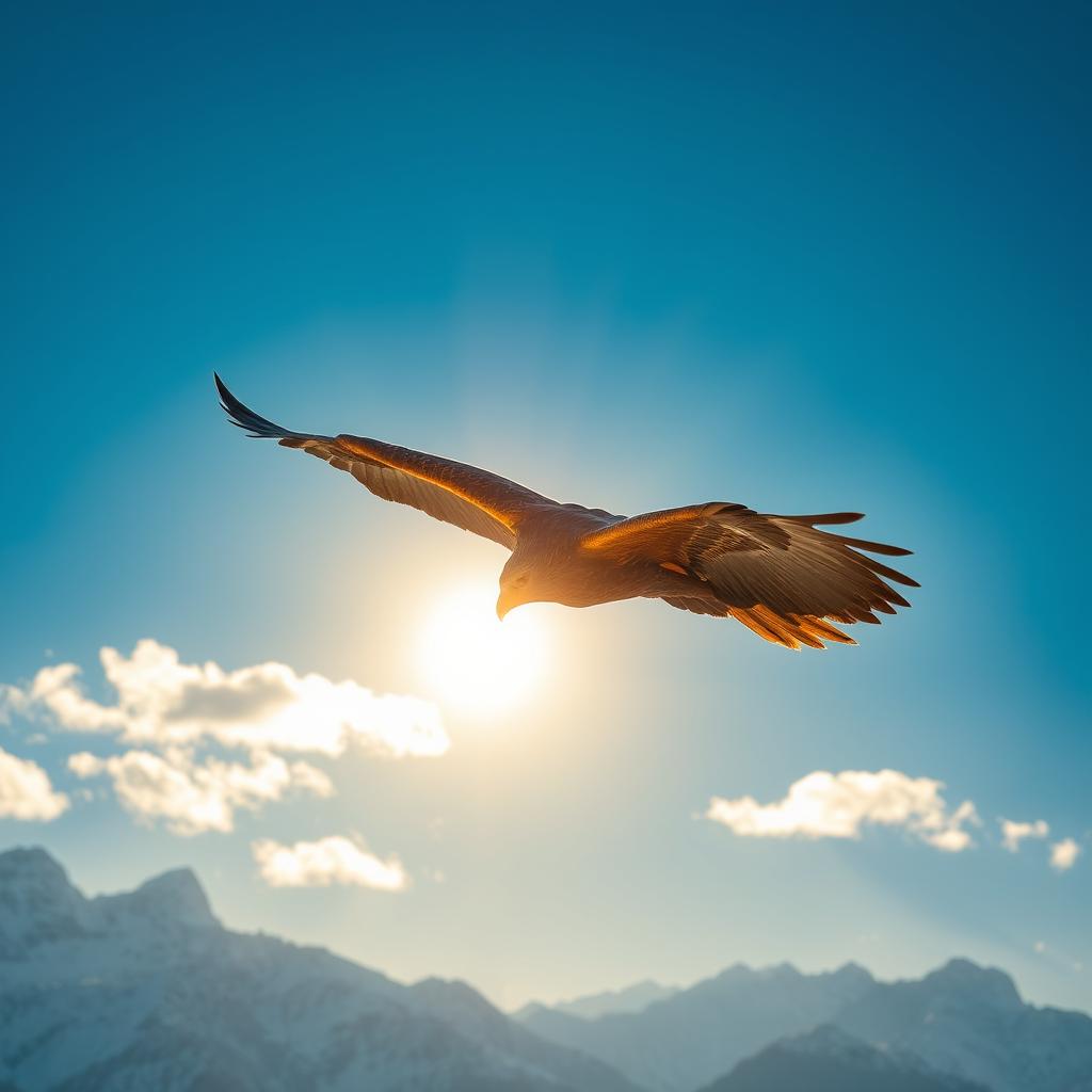 A majestic, wild eagle soaring high in the sky under the golden sun