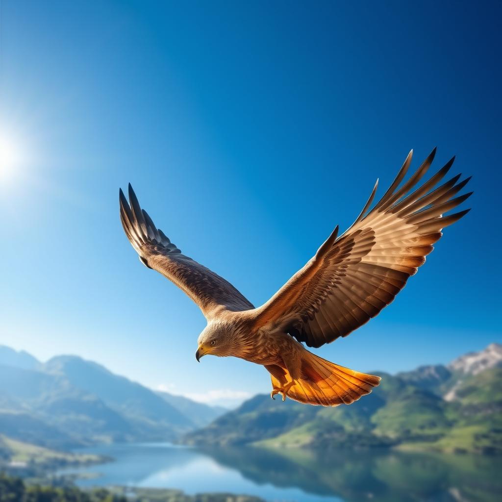 A beautifully majestic eagle soaring through the clear blue sky, its wings spread wide displaying intricate feather details, the sun glinting off its sharp, piercing eyes