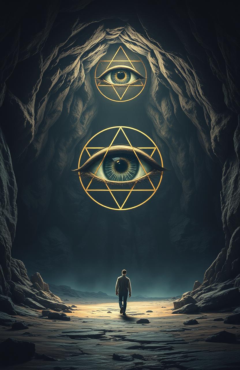 An artistic representation of an ancient cave or grotto featuring a gigantic open eye at its center