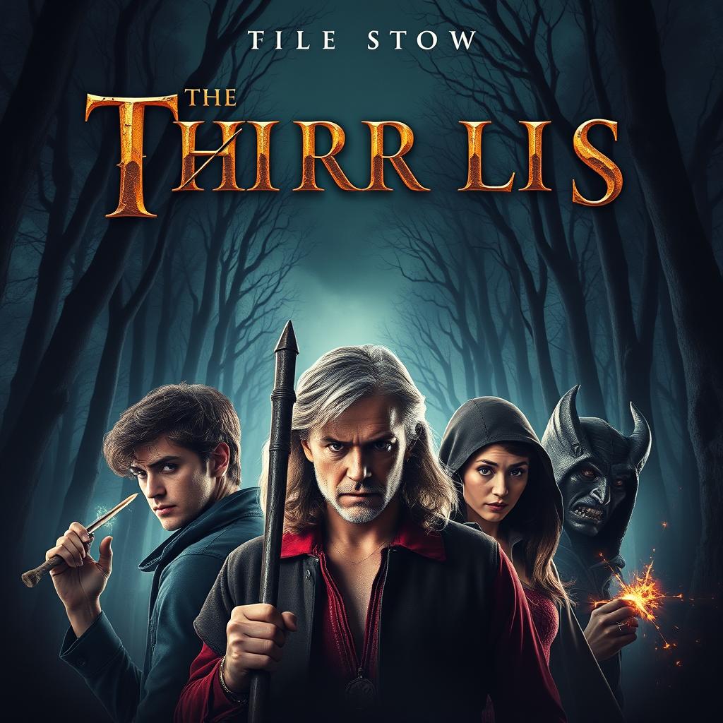 A cinematic movie poster featuring an eerie forest scene as the background, symbolizing the mysterious and adventurous elements of the book