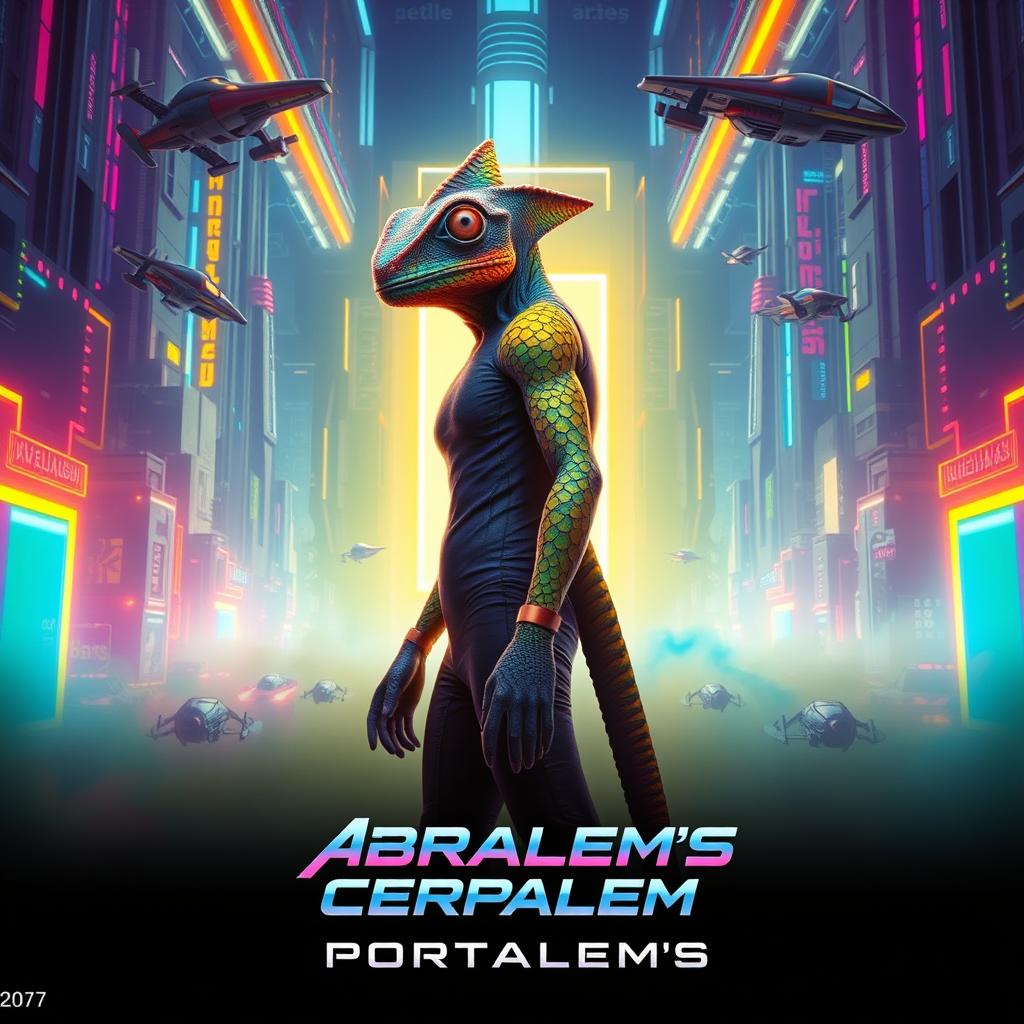 A vibrant, futuristic movie poster for a sci-fi film titled 'Abralem's Cerpalem's Portalem's', set in the year 2077