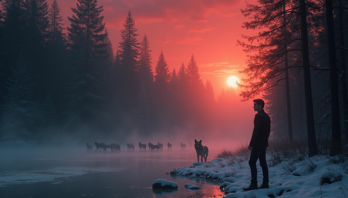 A misty forest under a blood-red twilight sky, where a battle between vampires, werewolves, and an unknown dark force is about to unfold