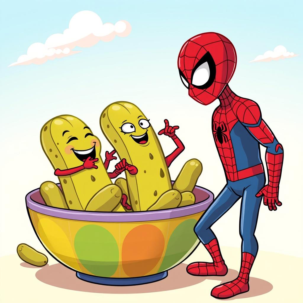 A whimsical scene of cartoon-style pickles in a colorful bowl, animatedly fighting for the attention of Spider-Man