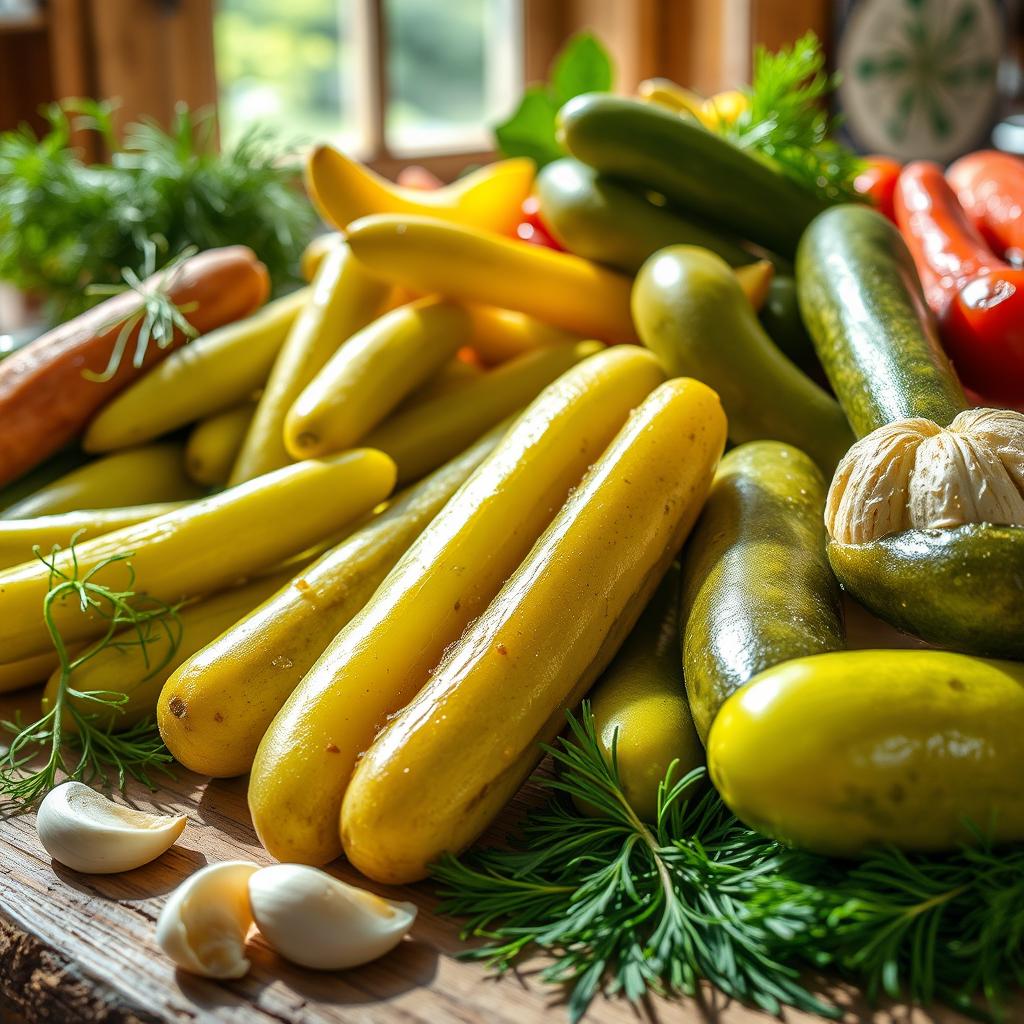 A close-up image of various types of pickles displayed in an aesthetically pleasing arrangement