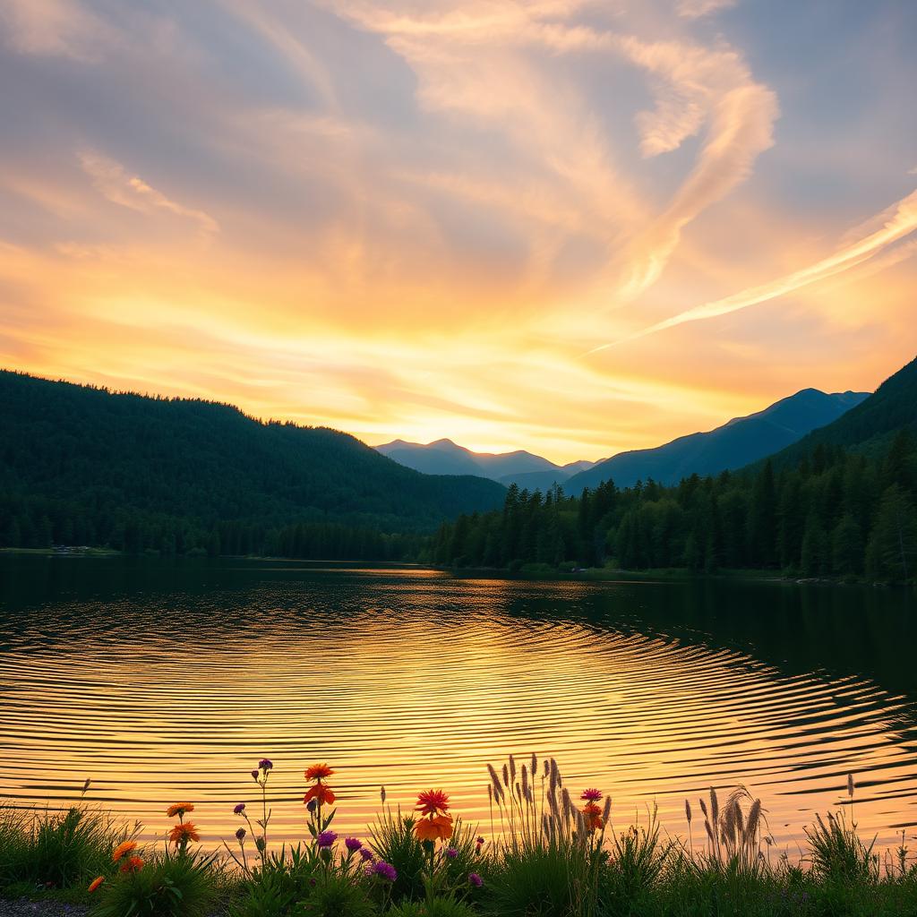 A serene landscape of a tranquil lake surrounded by lush green forests, with a vibrant sunset casting golden hues on the water