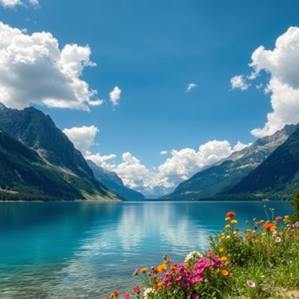 A stunning high-definition landscape featuring a serene lake surrounded by majestic mountains under a bright blue sky with fluffy white clouds