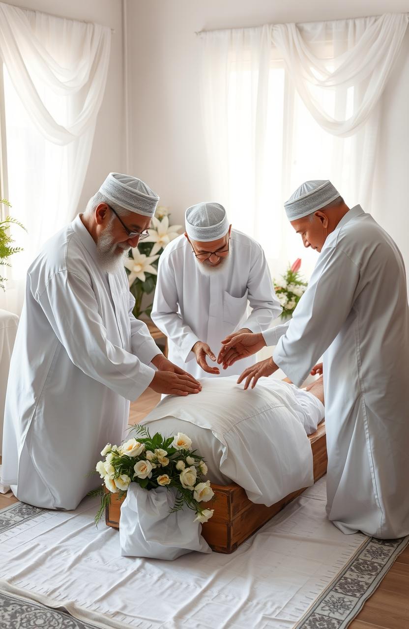 A deeply respectful and solemn scene of a traditional Muslim funeral preparation, showcasing the act of washing a deceased person (jenazah) with care and reverence
