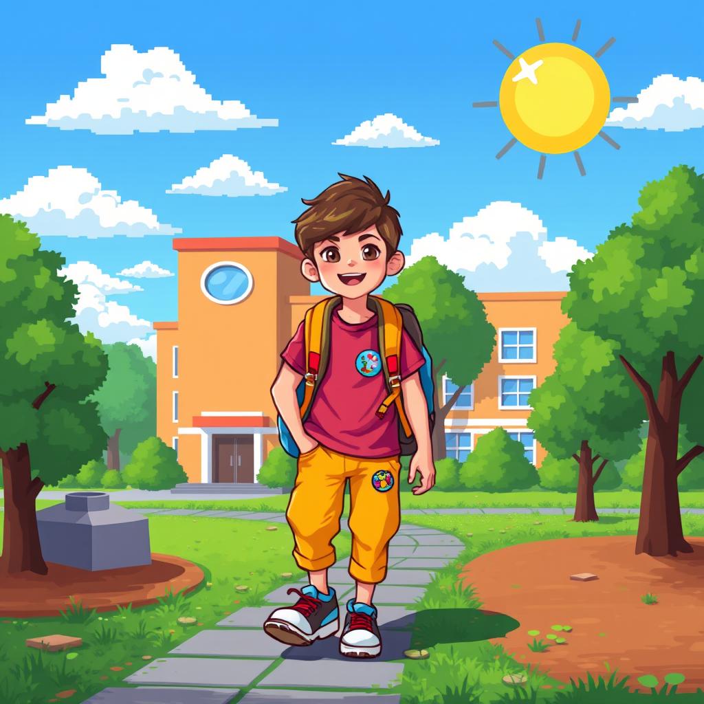 A colorful 2D pixel art scene featuring a cheerful student wearing a vibrant outfit and carrying a backpack