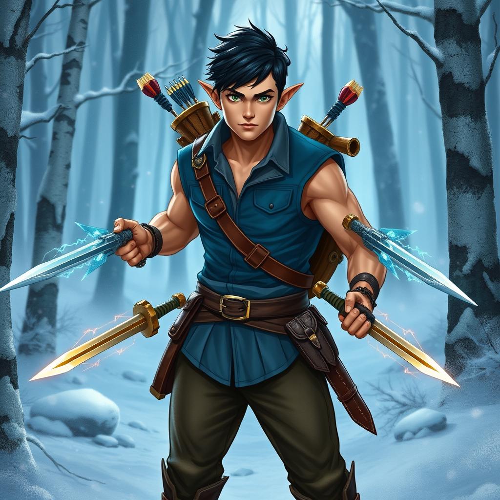 A handsome and adventurous half-elf, showcasing a muscular physique, short black hair and clean-shaven face, with striking green eyes