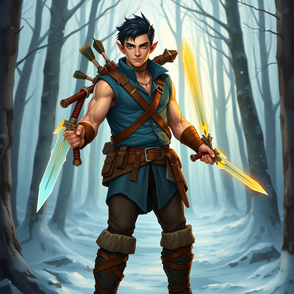 A handsome half-elf adventurer with well-defined muscles, short black hair, and striking green eyes stands confidently in a winter forest