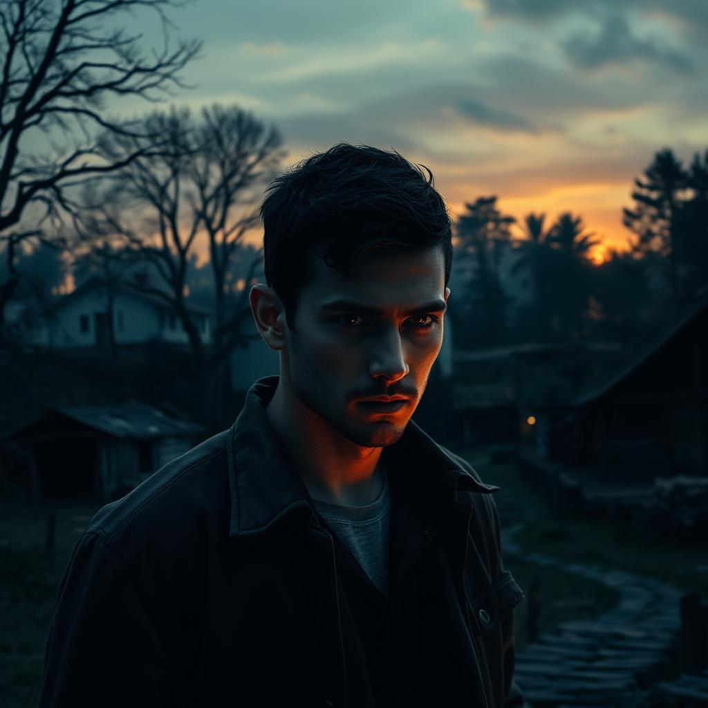 A gripping psychological thriller in a mysterious village setting, capturing the moment of twilight as the sun sets, casting long shadows over old wooden houses and dense trees