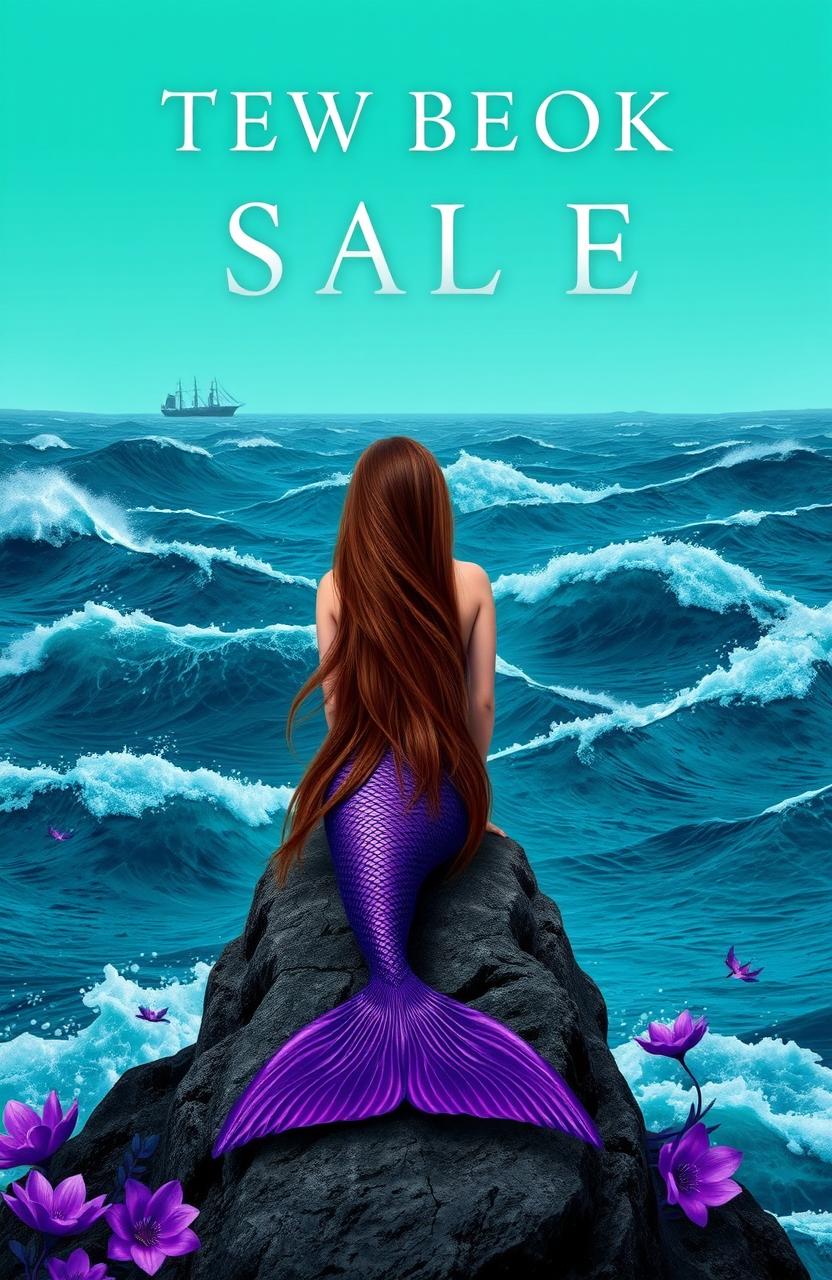 A book cover with a mint color/light turquoise background, depicting a dramatic ocean scene with big waves