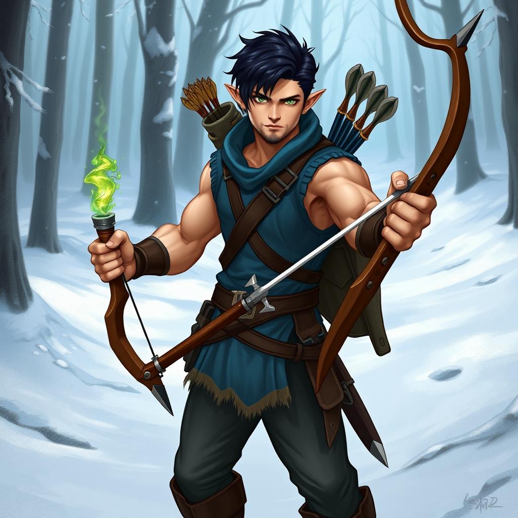 A semi-elf adventurer with muscular physique, short black hair, and no beard, featuring striking green eyes
