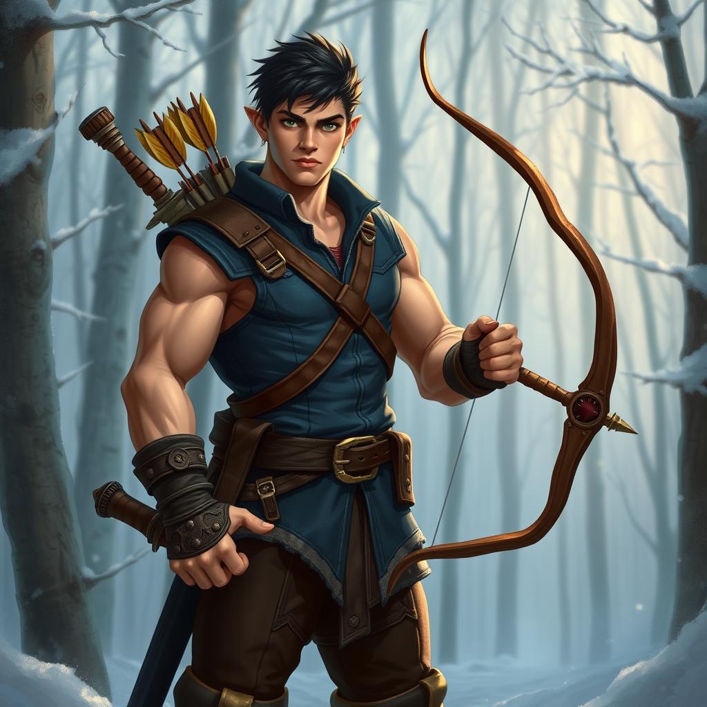 A muscular half-elf adventurer with short black hair and no beard stands confidently in a winter forest