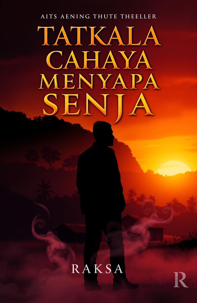 An intriguing book cover design for a psychological thriller titled 'Tatkala Cahaya Menyapa Senja'