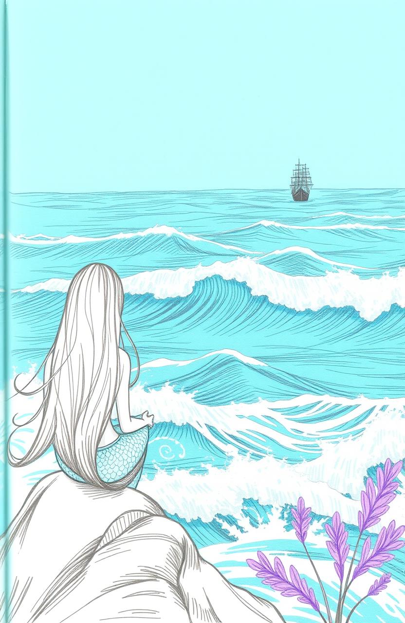 A book cover illustration featuring a mint background with big waves crashing on a turquoise ocean