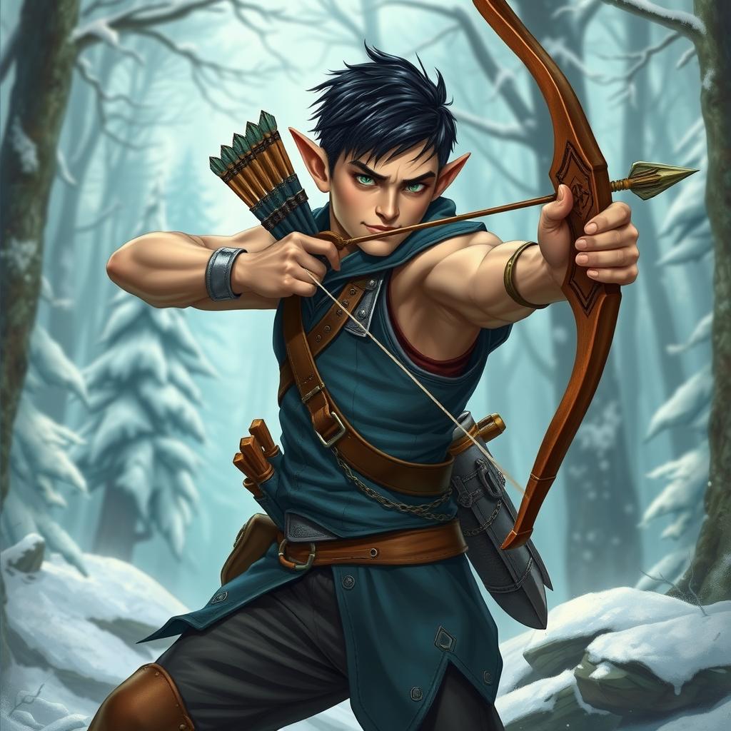 An adventurous half-elf with a muscular physique, short black hair without a beard, and striking green eyes