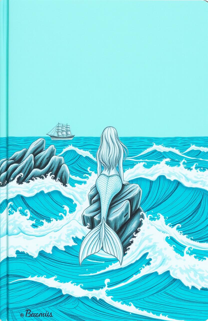 A captivating book cover featuring a mint-colored background with big waves crashing on a vibrant turquoise ocean
