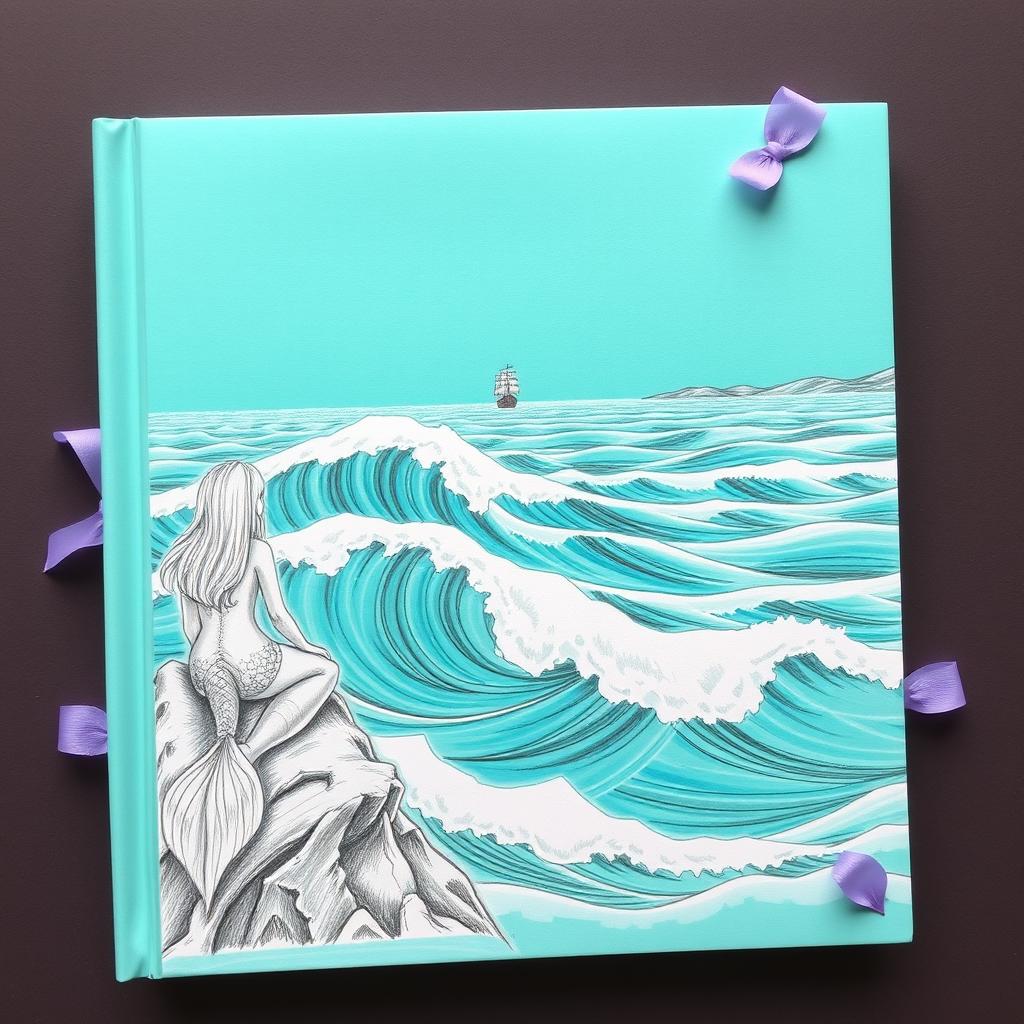 A stunning book cover designed with a mint background showcasing big waves rolling on a vibrant turquoise ocean