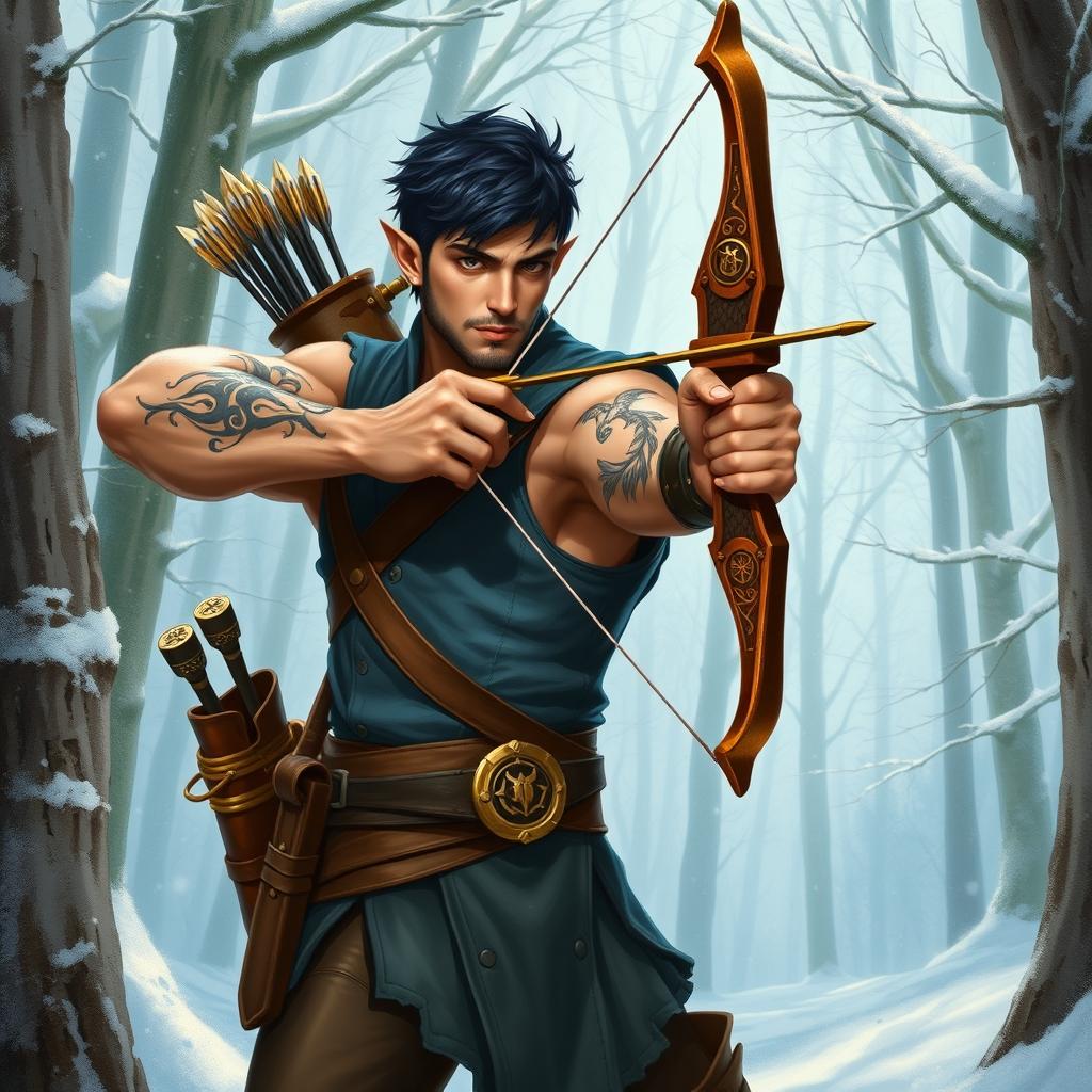 A muscular half-elf adventurer with short black hair and no beard, featuring striking honey-colored eyes and intricate elven tattoos on his arms