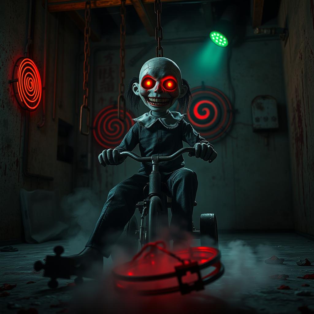 A hyper-detailed cinematic scene featuring Billy the Puppet from *Saw* sitting ominously on a rusty tricycle