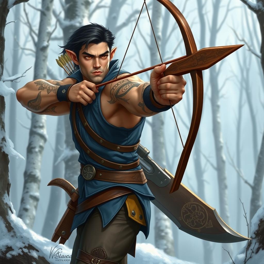 A muscular half-elf adventurer with short black hair and no beard, possessing striking honey-colored eyes