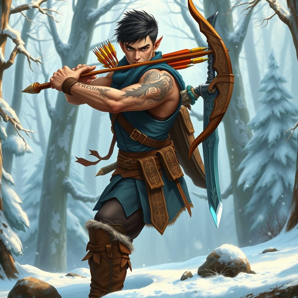 A muscular half-elf adventurer with short black hair and no beard, showcasing honey-colored eyes and adorned with intricate elven tattoos