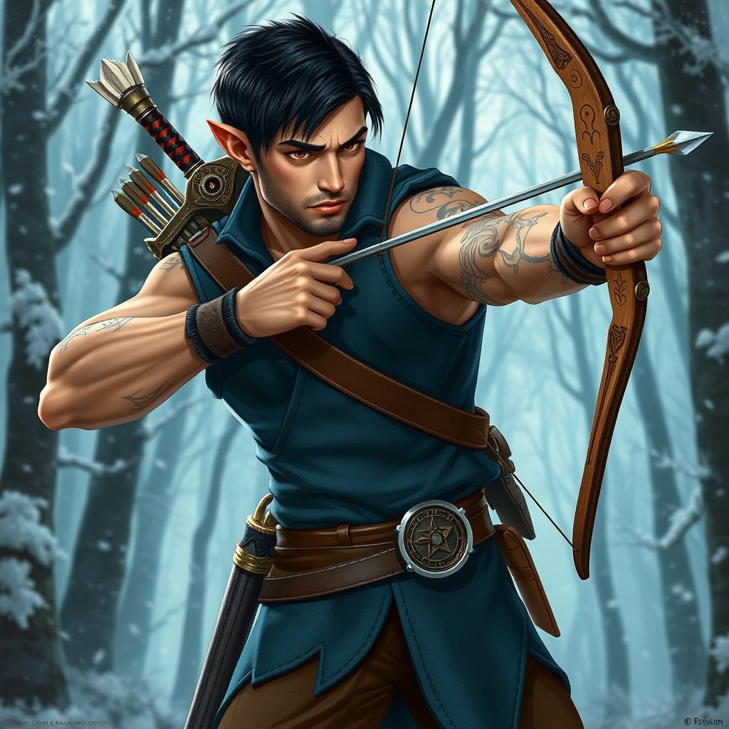 A muscular half-elf adventurer with sleek short black hair and no beard, showcasing deep brown eyes and intricate elven tattoos adorning his skin