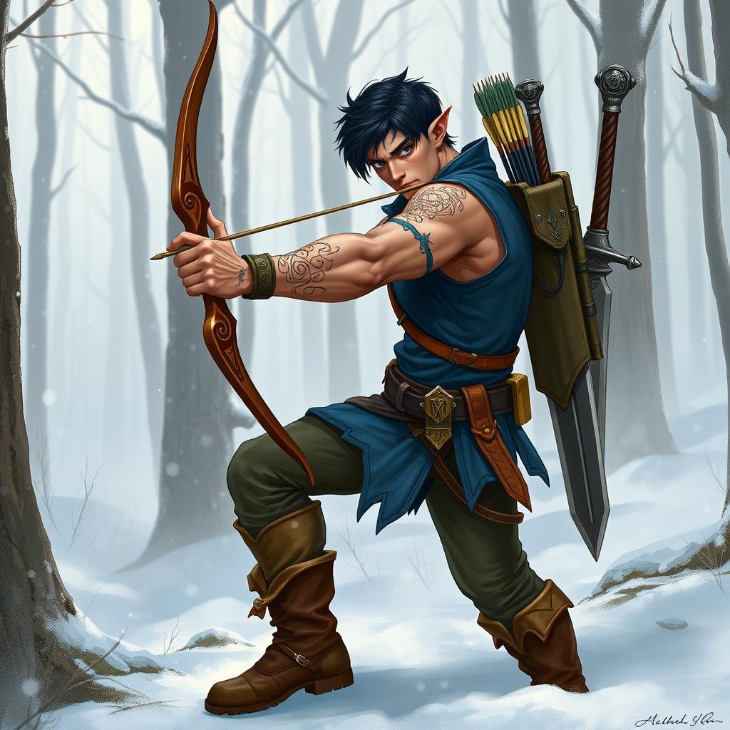 A muscular half-elf adventurer with short black hair and no beard, featuring enchanting elven tattoos