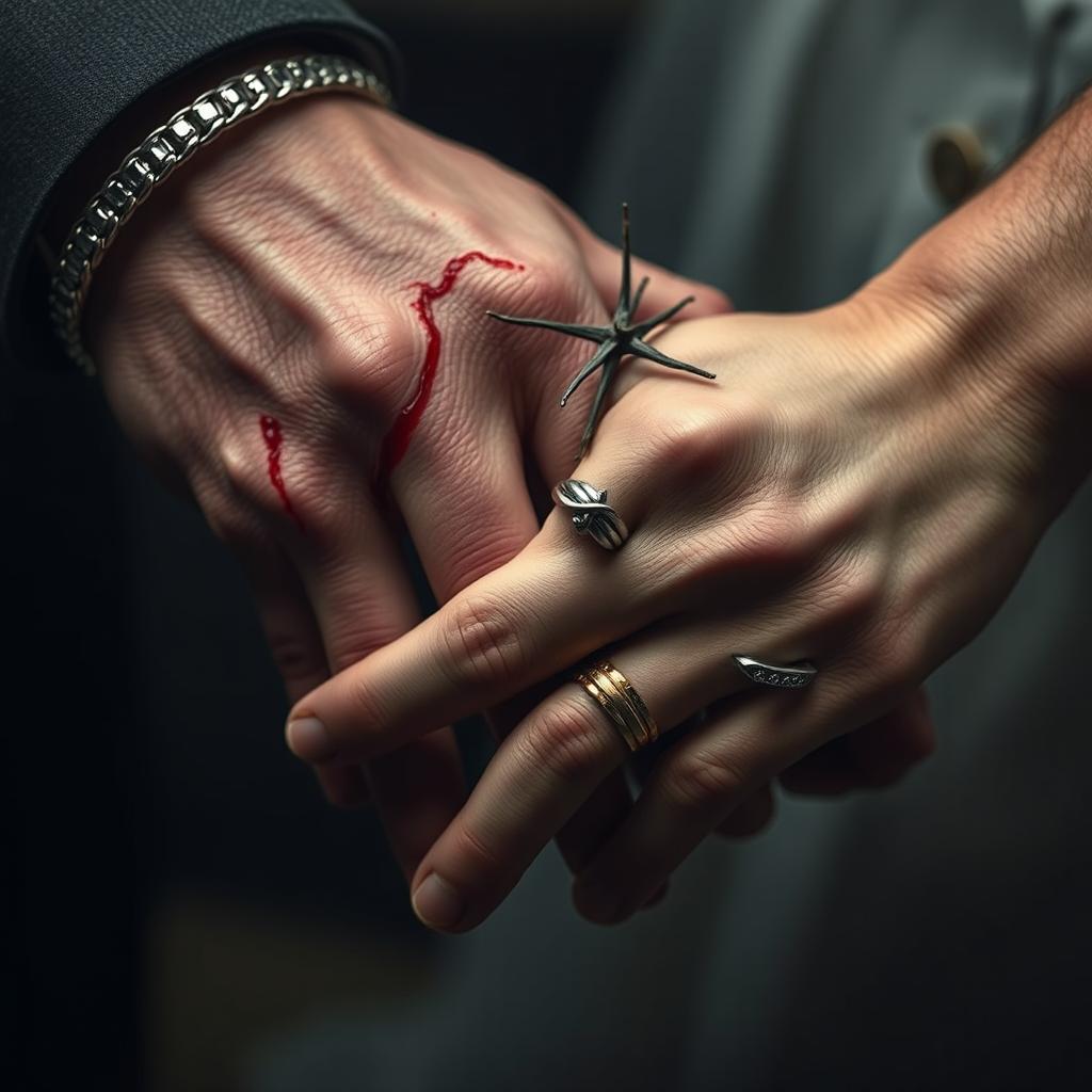 A close-up of two hands intertwined, one hand adorned with a silver ring and a silver bracelet, while the other hand features a gold ring and a dark metal ring