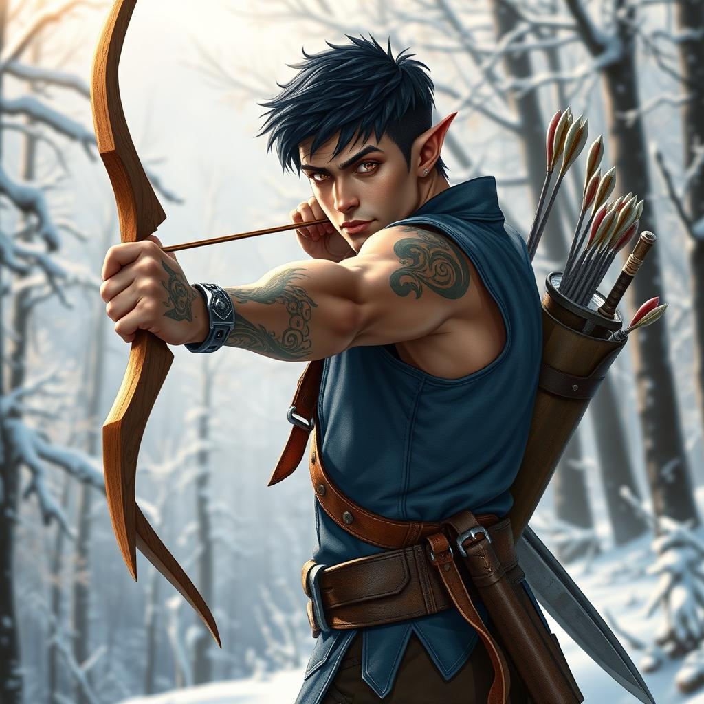An adventurer half-elf with well-defined muscles, short black hair and no beard, showcasing piercing brown eyes
