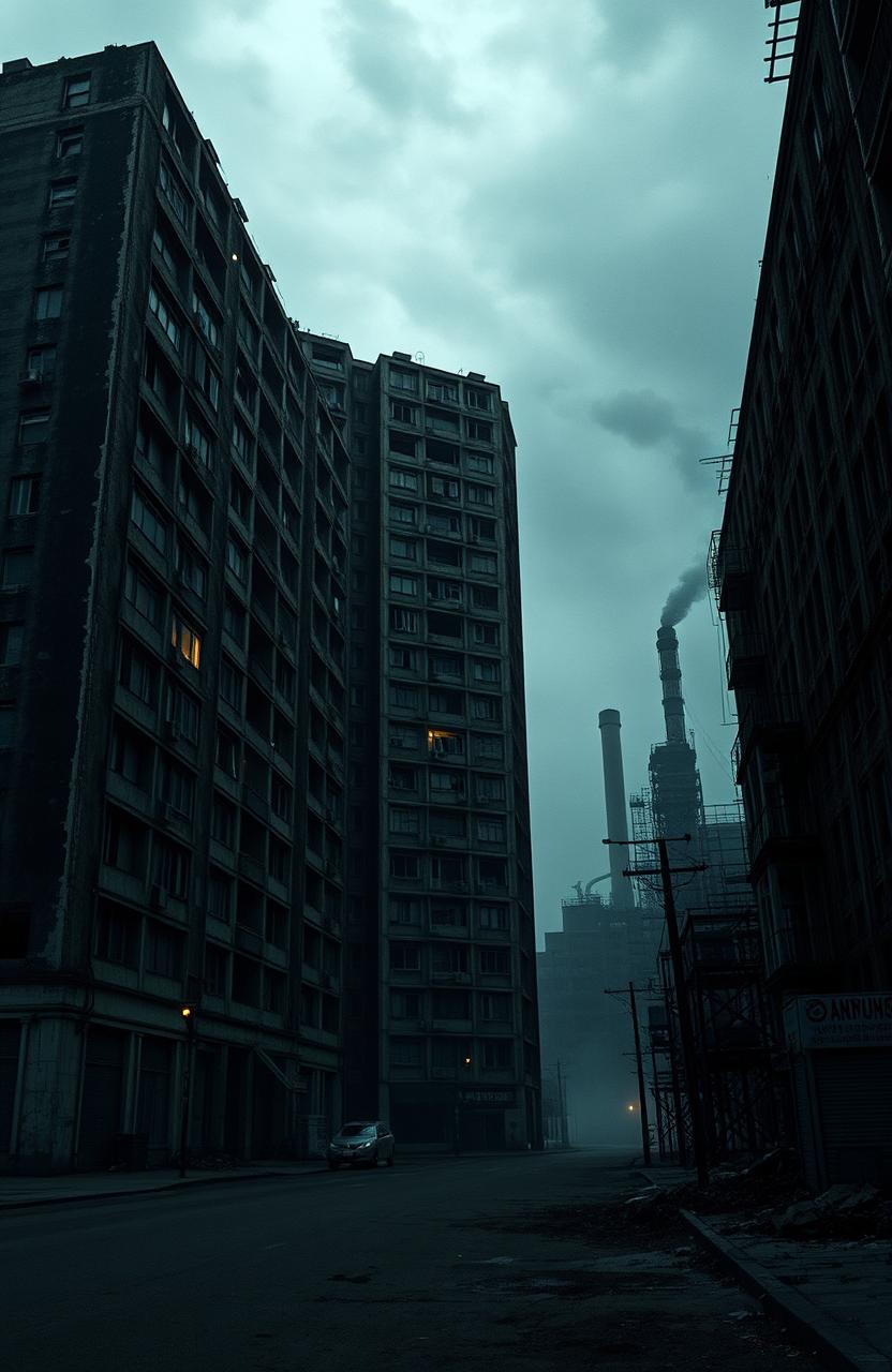 A dystopian apartment block towering in a desolate urban setting, with dark and foreboding architecture