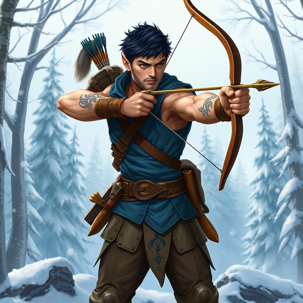 An adventurer half-elf, muscular build, with short black hair and no beard, featuring piercing brown eyes adorned with intricate elven tattoos