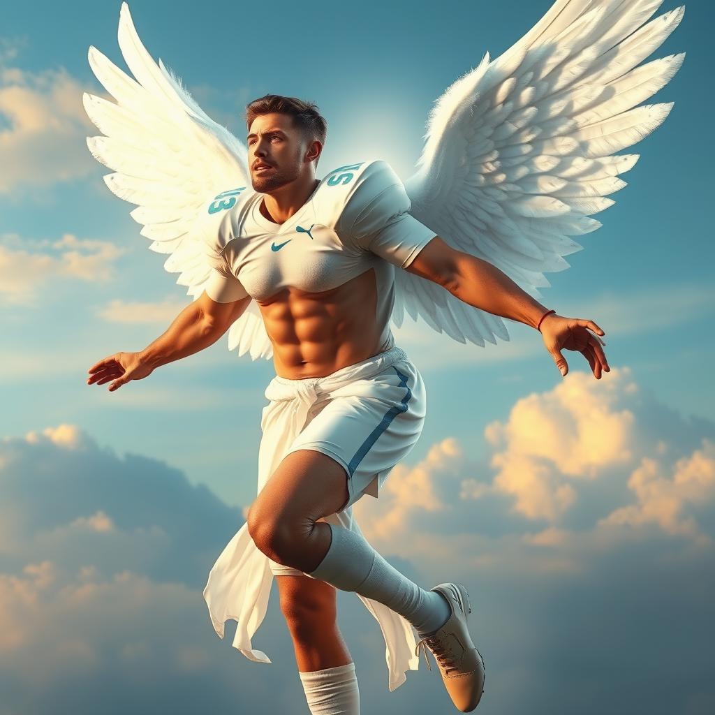 A football player depicted as an angel, retaining his physical features such as muscular build, sporty physique, and iconic facial characteristics