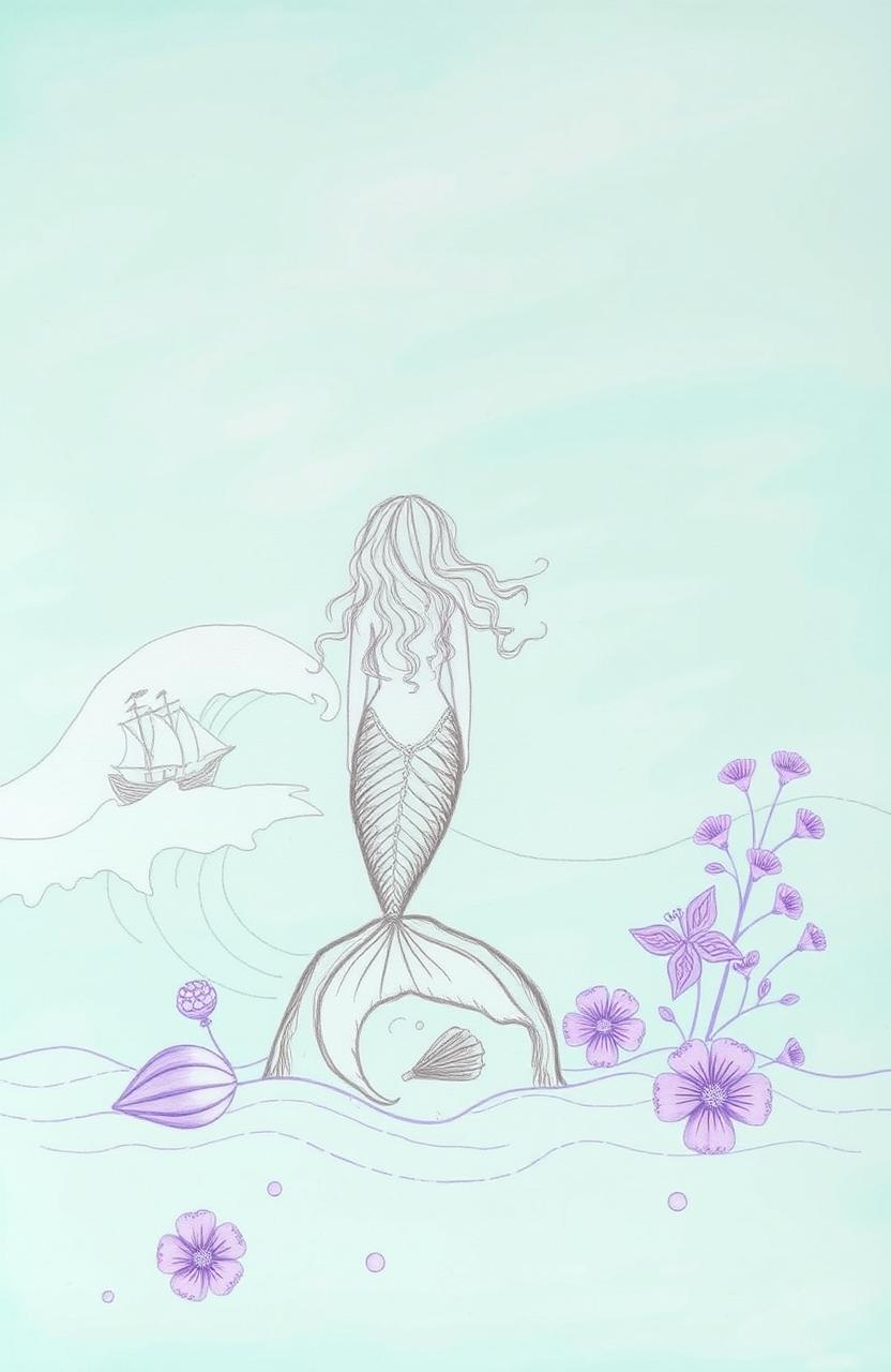 A serene mint and turquoise background, with a small pencil-sketched mermaid in the left corner