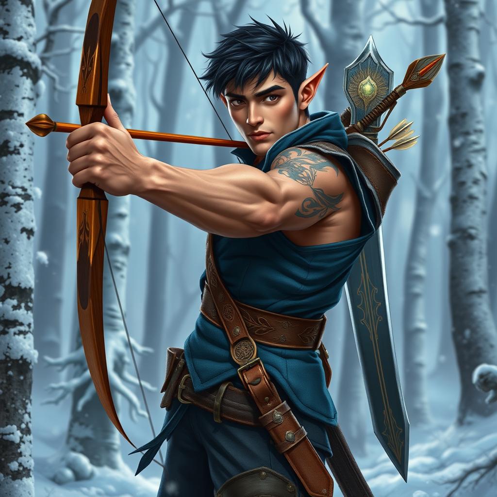 A handsome half-elf adventurer with chiseled muscles, showcasing short black hair and striking brown eyes