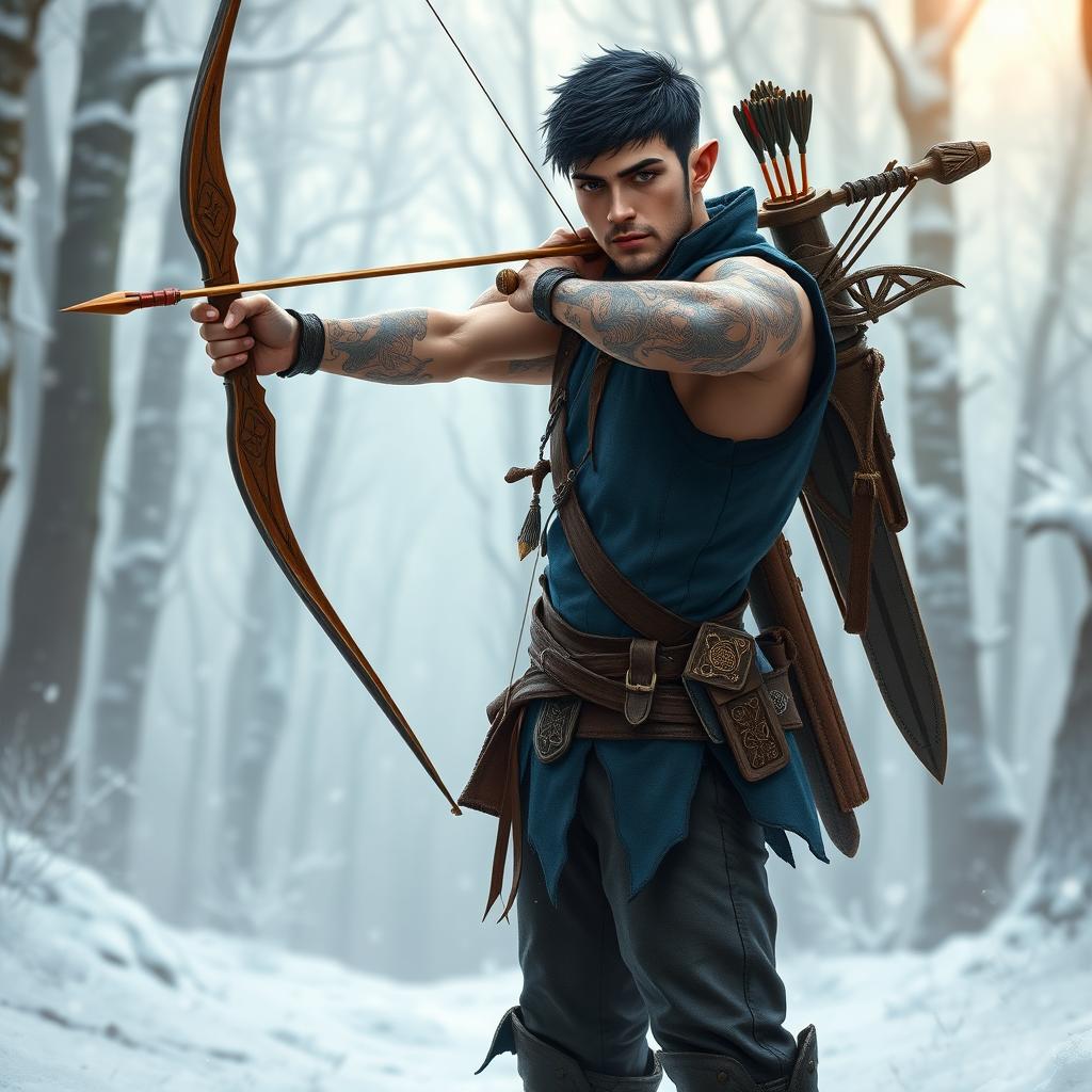 A handsome male half-elf adventurer with short black hair and no beard, showcasing well-defined muscles and striking brown eyes
