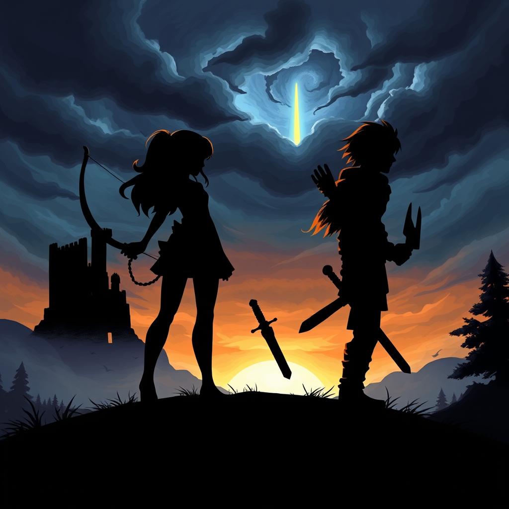 A cartoon-like drawing featuring silhouettes of two characters, Celeste, elegantly posed with a bow, and Adrian, armed with a sword, facing away from each other