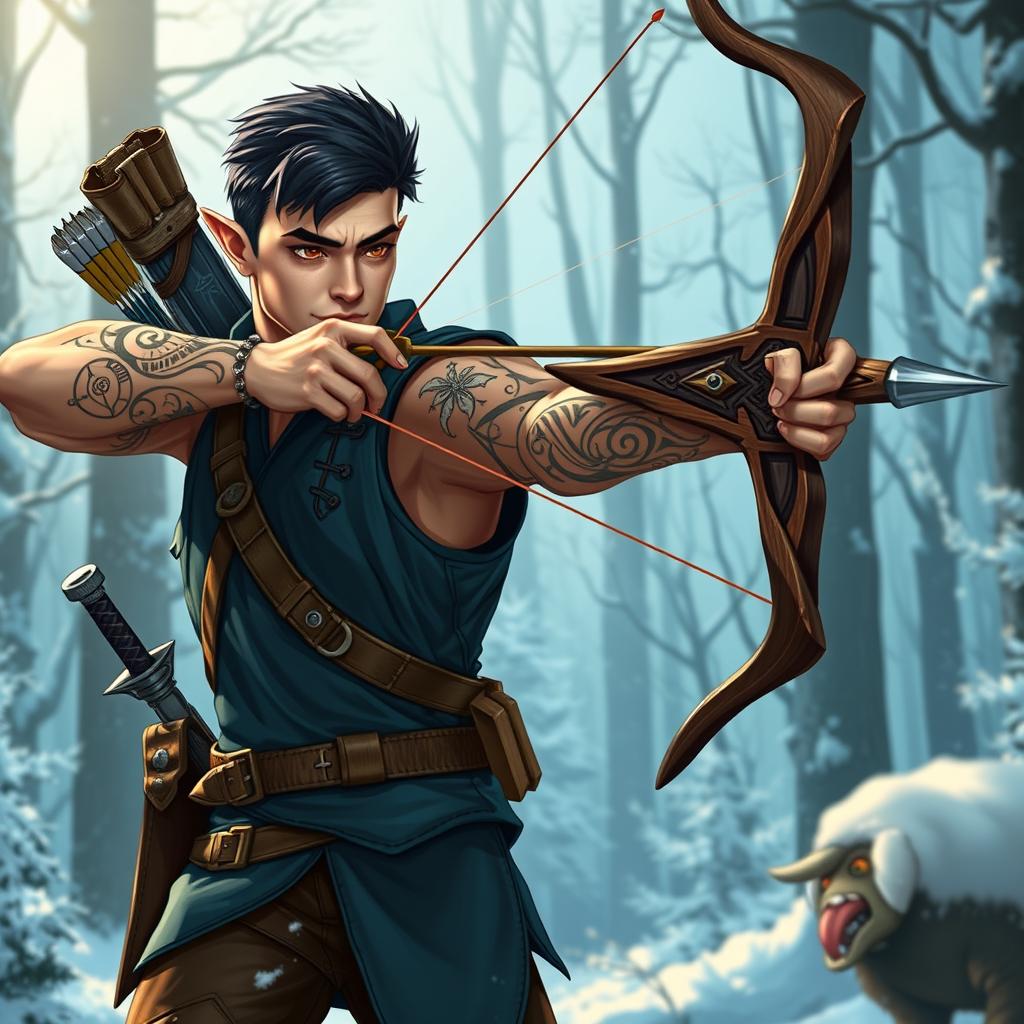 A handsome half-elf adventurer with well-defined muscles, sporting short black hair and without a beard