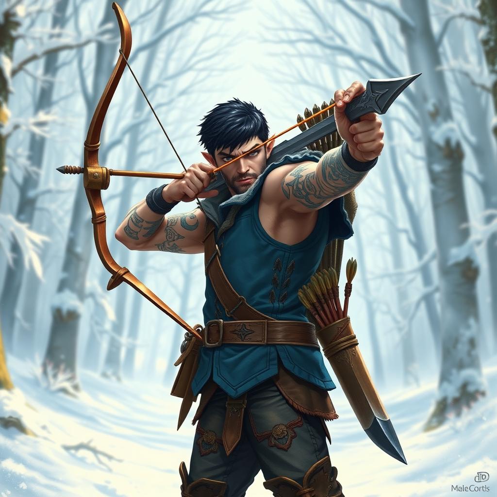 A handsome half-elf adventurer with muscular build, short black hair, and no beard
