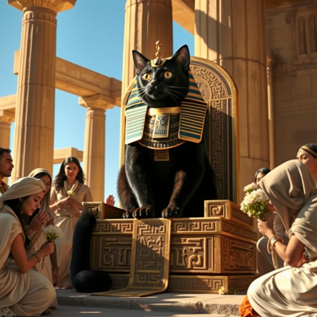A majestic black and gold Egyptian cat, resembling a divine figure, sitting regally on a throne adorned with intricate hieroglyphics