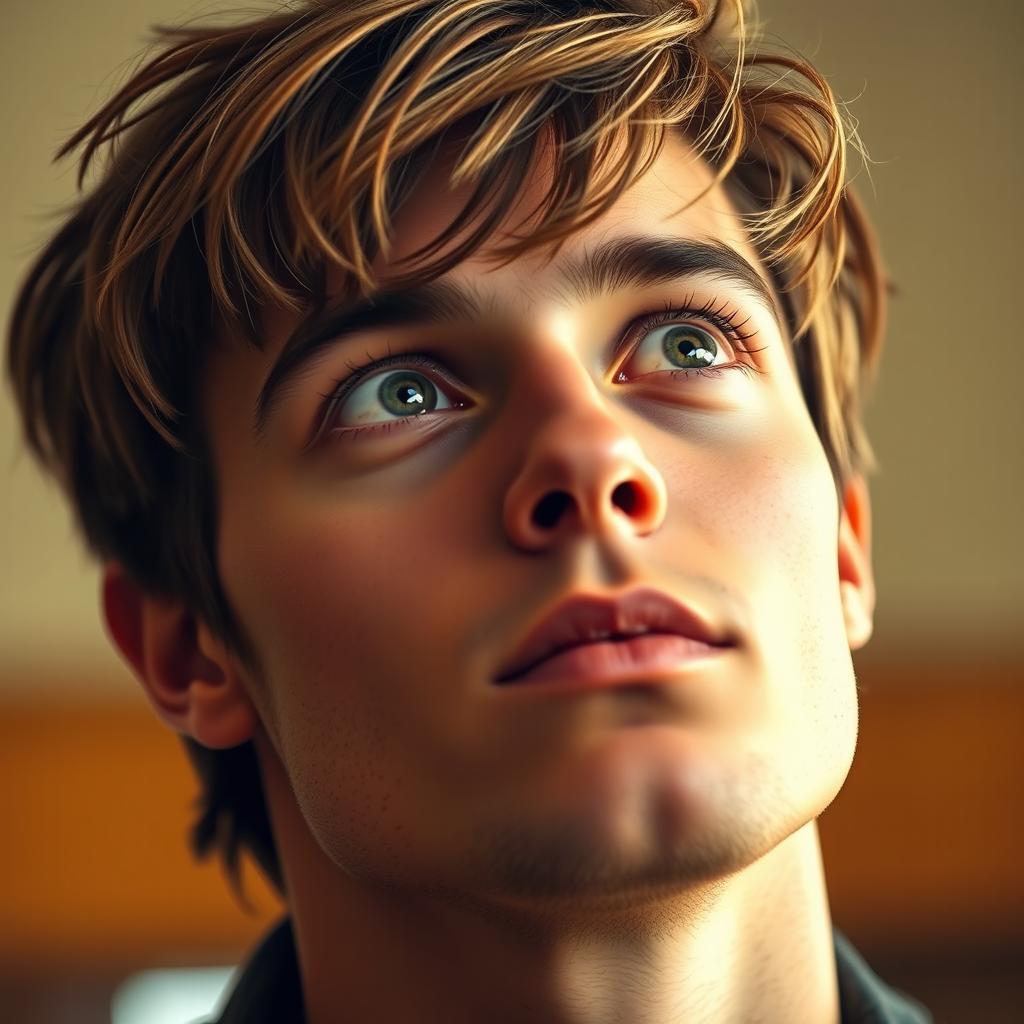 A close-up portrait of a handsome young man with striking features and a confident expression