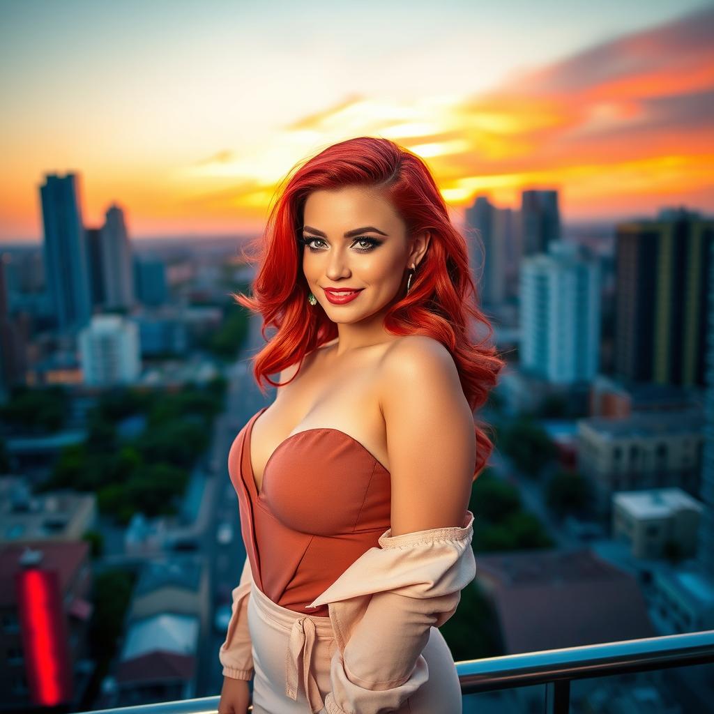 A stunning woman with vibrant red hair styled elegantly, showcasing her curvy body in a fashionable outfit that complements her figure