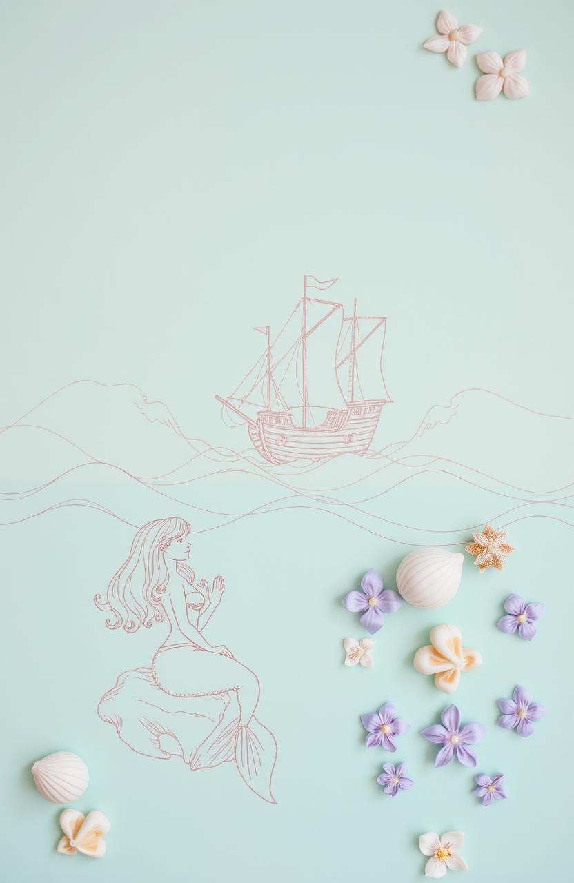 A beautiful turquoise and mint colored background featuring pencil sketched waves with a ship in the center