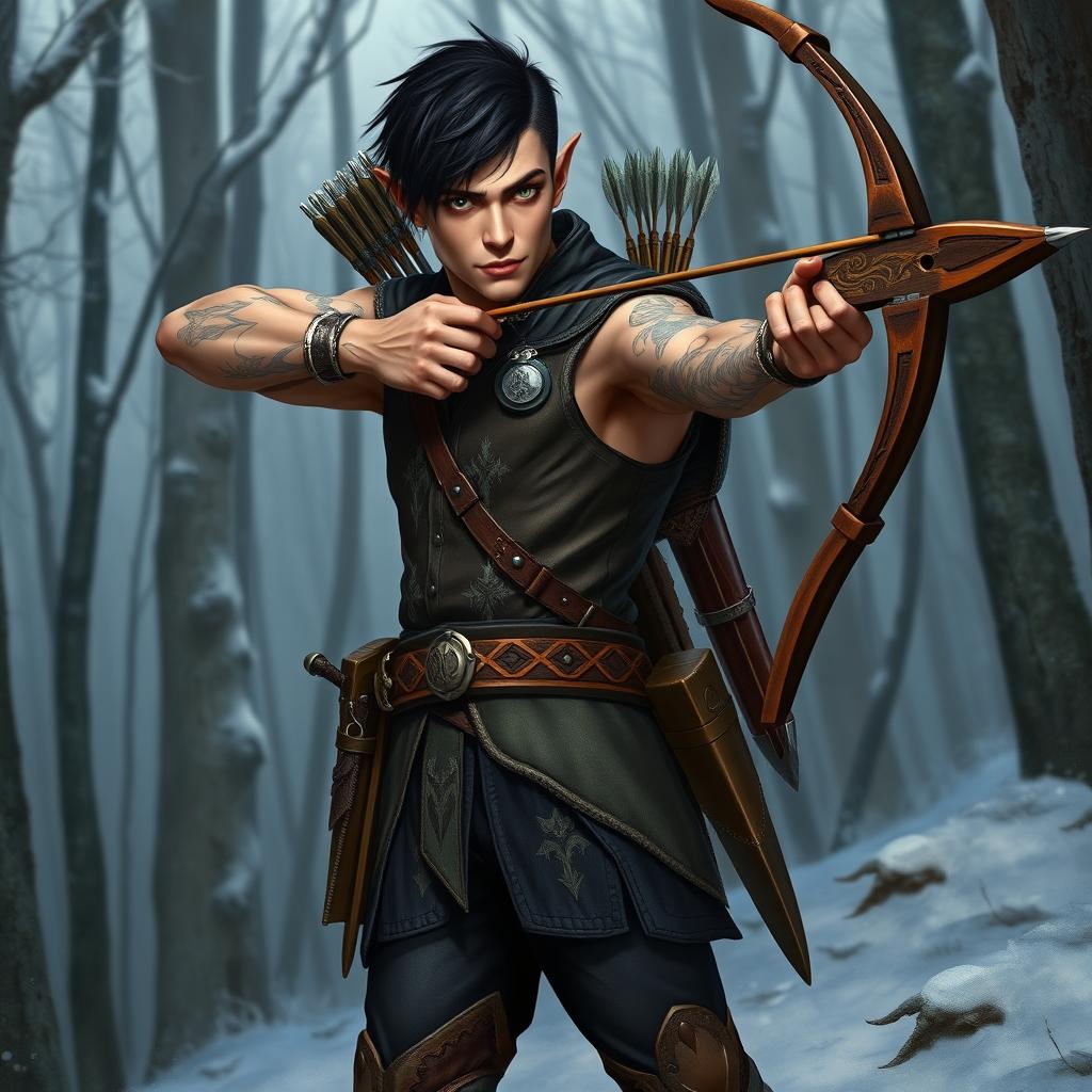 A handsome half-elf adventurer showcasing well-defined muscles, short black hair and no beard, with striking green eyes and intricate tattoos on his arms